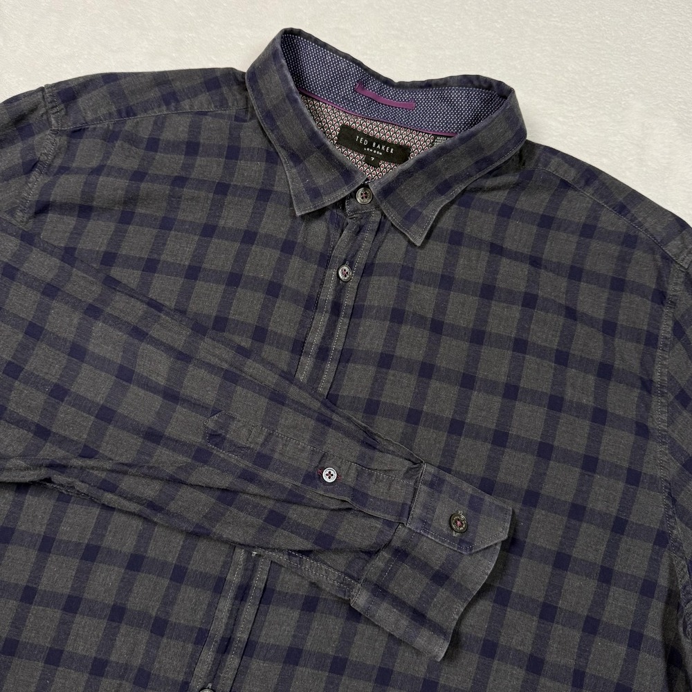 Ted Baker London Shirt Mens 2XL Blue Gray Check Long Sleeve Button Front‎ Casual